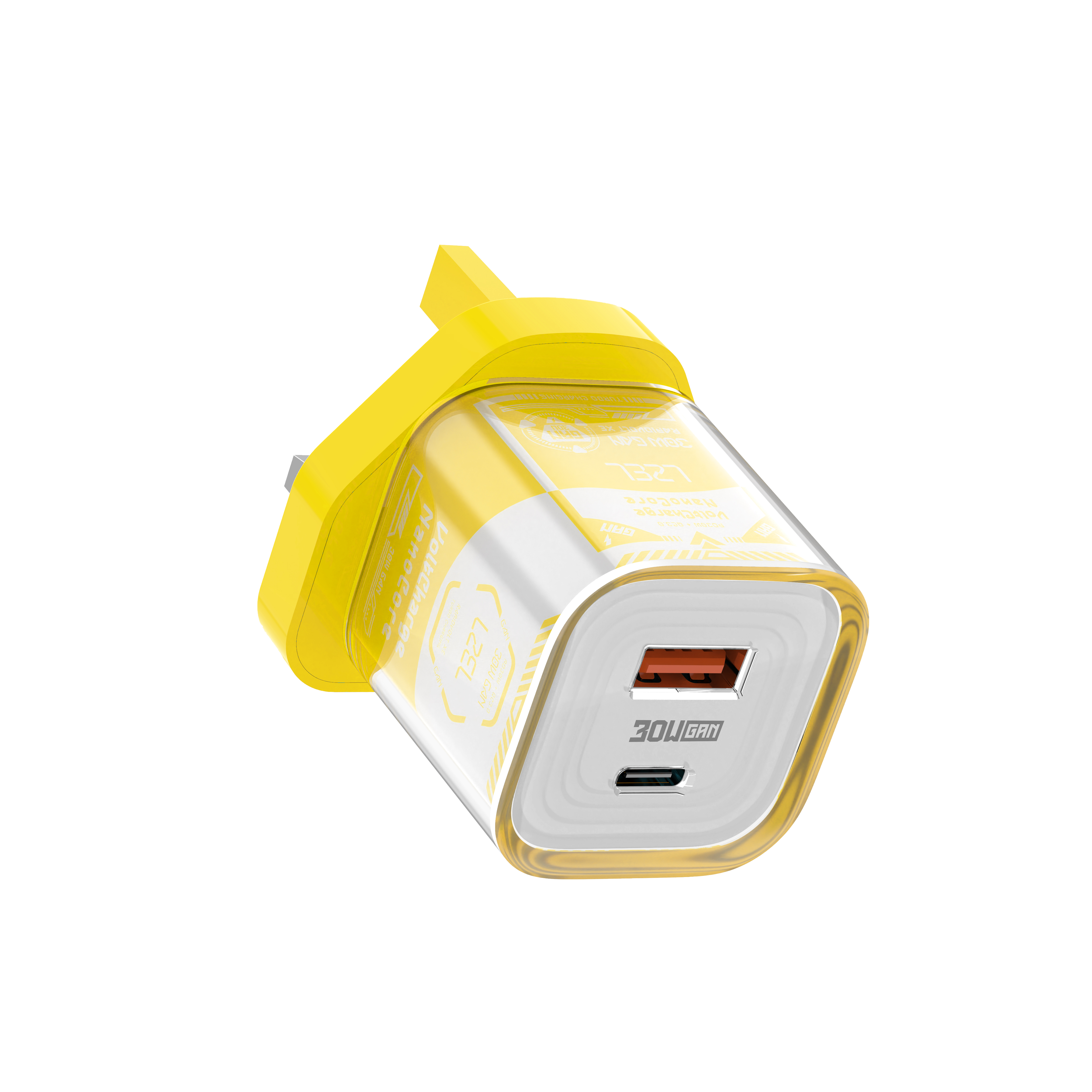 شاحن حائط VoltCharge NanoCore من ليزل شفاف GaN بقوة 30 واط سريع | أصفر/أبيض شاحن حائط VoltCharge NanoCore من ليزل شفاف GaN بقوة 30 واط سريع | أصفر/أبيض